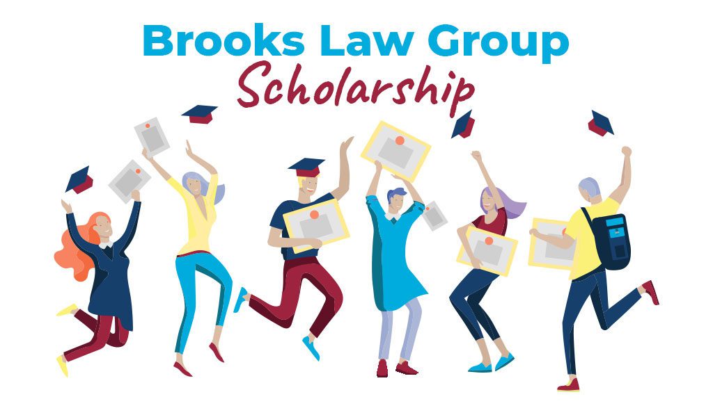 Brooks Law Group Scholarship logo with graduating students