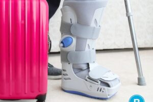 Person's broken leg in cast with crutch and suitcase