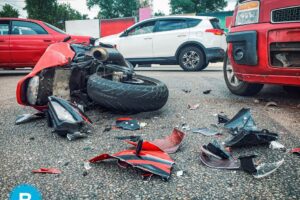 Motorcycle broken in pieces on ground, laying on side. Surrounded by other cars.