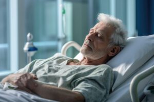 elderly man lays in hospital bed with eyes closed looking weak