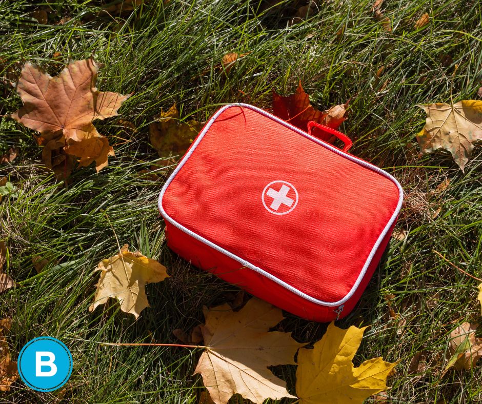 first aid bag on grass with Fall leaves around it