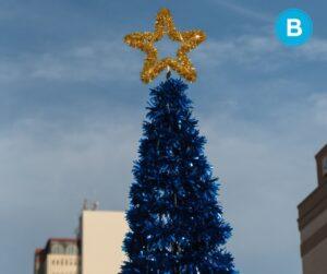 Blue Christmas tree in Tampa Florida with city skyline in distance