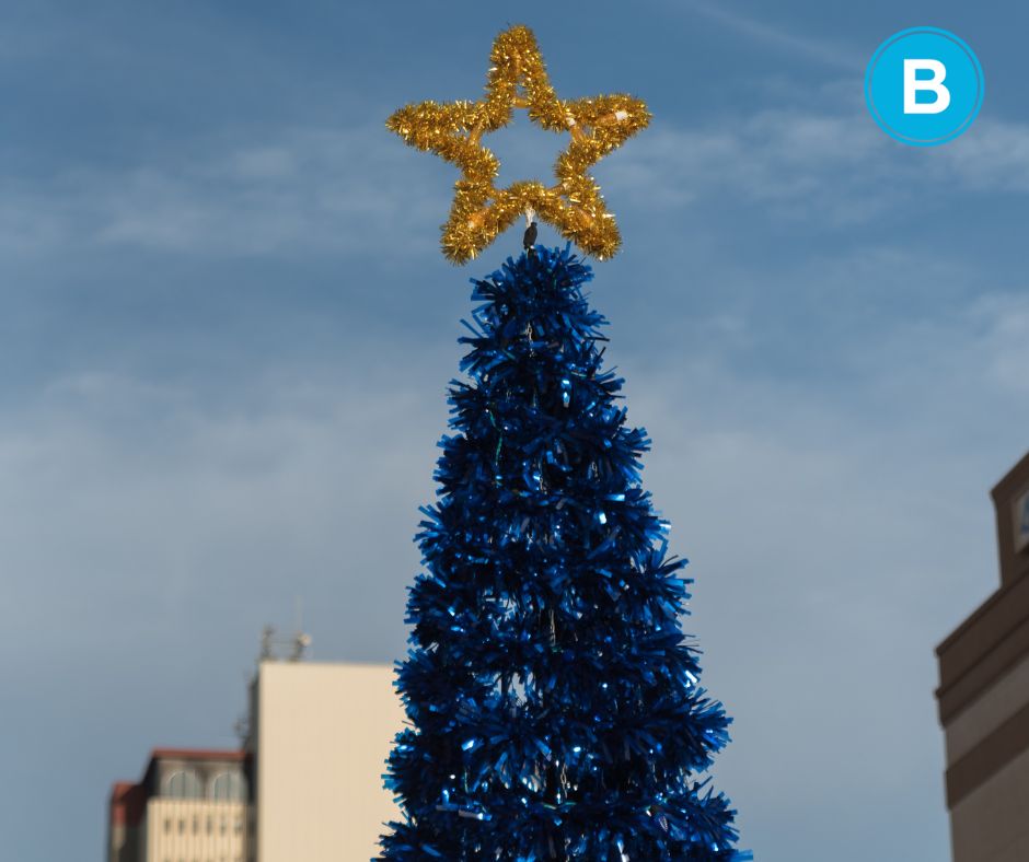 Blue Christmas tree in Tampa Florida with city skyline in distance