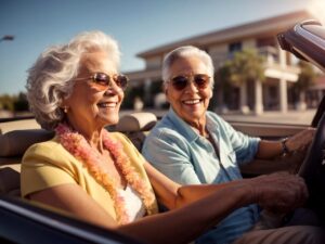 older couple driving in convertible car in sunshine. Both look happy, both wearing sunglasses.