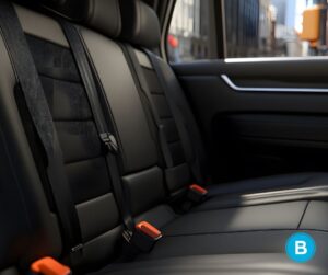 The backseat of a vehicle, with black leather seats.