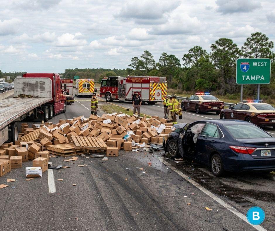 ¿Quién es responsable cuando la carga de un camión cae en la carretera en Tampa?